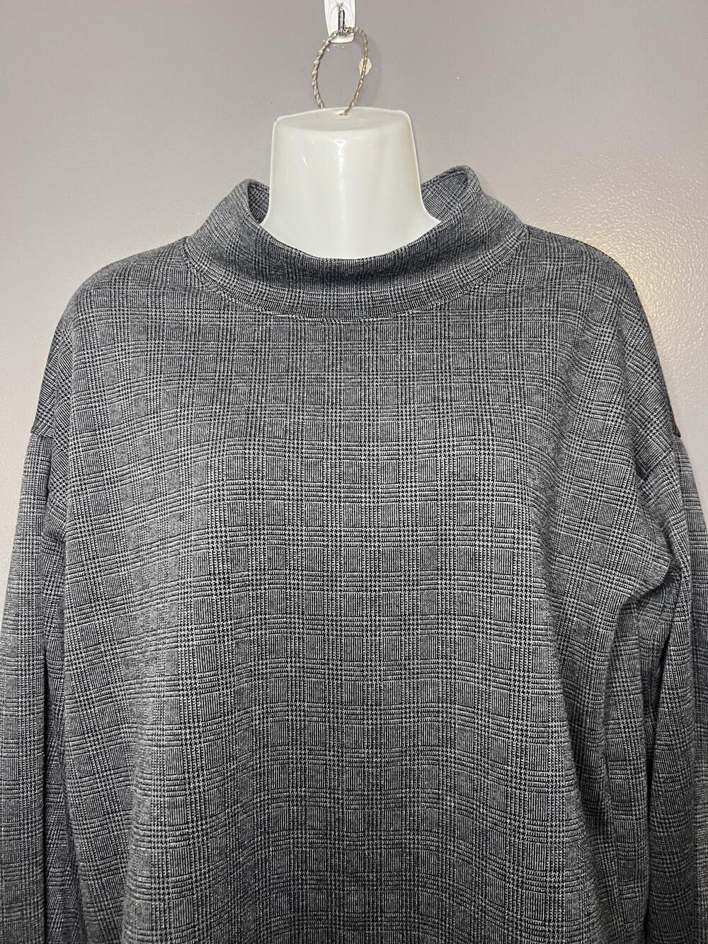 Madewell Blouse Womens Small Gray Check Mock Neck Long Sleeve Stretch Top